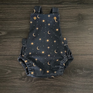 Organic Cotton Baby Romper: Navy Celestial Gold Stars Moon