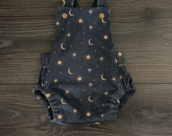 Gender neutral baby clothes , Organic Cotton Baby Romper: Navy Celestial Gold Stars Moon