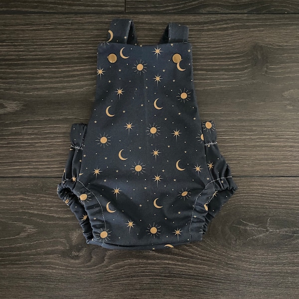 Gender neutral baby clothes , Organic Cotton Baby Romper: Navy Celestial Gold Stars Moon