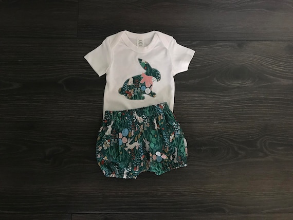 Organic Baby Girl Easter Outfit: Bunny Appliqué Romper & Bloomers