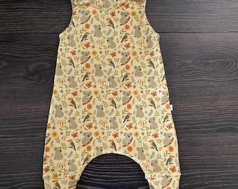 Organic Baby Harem Romper: Koala and Kookaburra , Yellow Cotton Knit