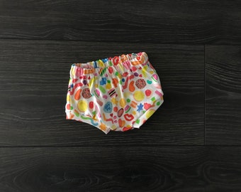 Organic Baby Shorties: Mixed Lollies Print Unisex Bummies