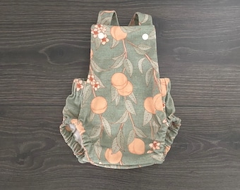 Organic Cotton Baby Romper: Vintage Peach Print, Cross Back