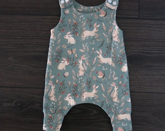 Organic Baby Harem Romper: Vintage Blue Bunny Print