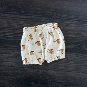 May include: White cotton baby bloomers with a beehive and honeycomb pattern.