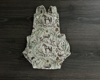 Organic Cotton Baby Romper: Animal farm Print, Cross Back Design