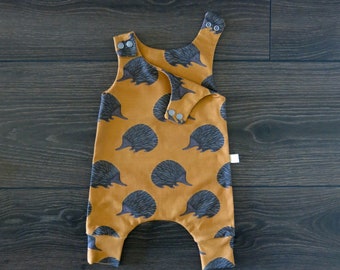 Organic Baby Harem Romper: Echidna Print, Mustard Knit