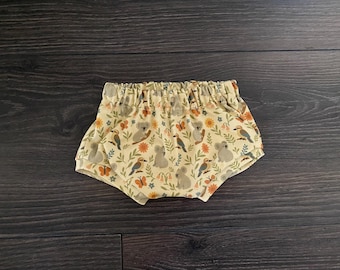 Organic Baby Shorties: Koala and kookaburra Print Aussie Bummies