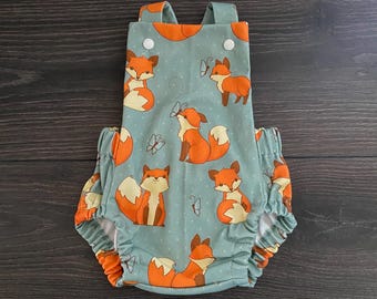 Organic Cotton Baby Romper: Fox Print, Cross Back Design