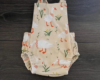 Organic Cotton Baby Romper: Spring Goose Print, Cross Back Design