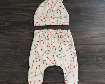 Candy Cane Christmas Baby Outfit: Harem Pants & Knot Hat