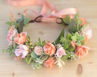 Peach & Pink Flower Crown - Rose Flower Crown - Flower Girl Crown - Photo Prop - Wedding Halo - Peach Bridal Crown