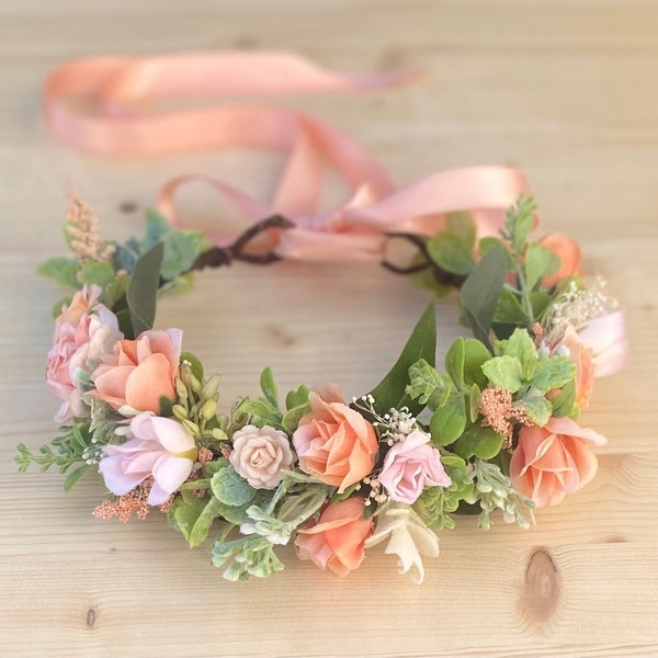 Peach & Pink Flower Crown - Rose Flower Crown - Flower Girl Crown - Photo Prop - Wedding Halo - Peach Bridal Crown