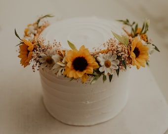 Corona de flores de girasol y margarita: Halo nupcial rústico, para niña de las flores