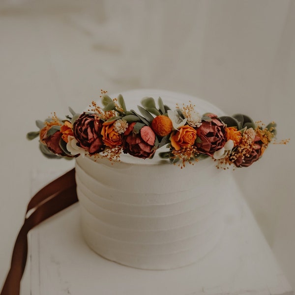 Cranberry & Pumpkin Flower Crown - Fall Flower Crown - Burgundy Flower Crown - Flower Girl Crown - Photo Prop