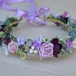 Lavender & Eggplant Flower Crown- Bridal Flower Crown- Lavender Wedding Halo - Photo Prop - Flower Girl Crown - Lavender Rose Halo