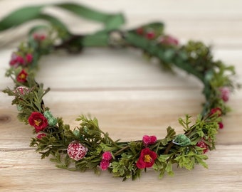 Christmas Flower Crown - Classic Christmas Colors - Photo Prop - Winter Flower Crown - Red & Green Christmas Crown