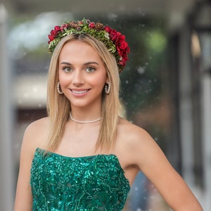 Red Rose Christmas Flower Crown: Pinecone Holiday Headpiece
