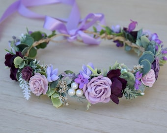 Corona de flores de lavanda y berenjena- Corona de flores nupciales- Halo de boda de lavanda - Foto Prop - Corona de niña de flores - Halo de rosa de lavanda