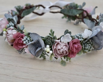 Dusty Rose & Steel Blue Succulent Flower Crown - Bridal Floral Crown - Photo Prop - Flower Girl Crown- Baby Girl Photo Prop - Floral Halo