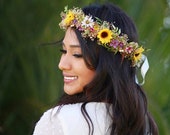 Sunflower Wild Daisy Flower Crown - Sunflower Bridal Halo - Rustic Flower Girl Crown - Engagement Photos- Fall Wedding Flower Crown