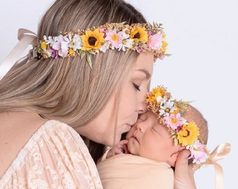 Sunflower & Pink Daisy Flower Crown - Sunflower Bridal Halo - Rustic Flower Girl Crown - Engagement Photos- Sunflower Wedding Flower Crown