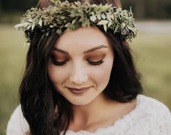Corona de flores verdes: Halo nupcial de bosque, accesorio para fotos