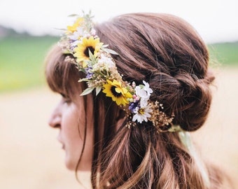 Sunflower & Wild Daisy Flower Crown - Sunflower Bridal Halo - Rustic Flower Girl Crown - Engagement Photos- Fall Wedding Flower Crown