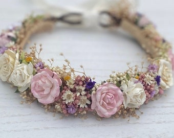 Pink Rose Flower Crown: Baby's Breath Floral Halo, Photo Prop