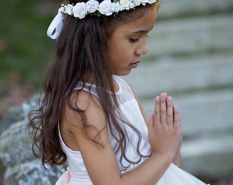 Ivory Rose Flower Crown with Pearls: First Communion, Baptism