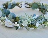 Succulent Rose Flower Crown - Ivory Bridal Crown - Succulent Bridal Crown - Succulent Halo - Bridal Hair Piece - Photo Prop Crown