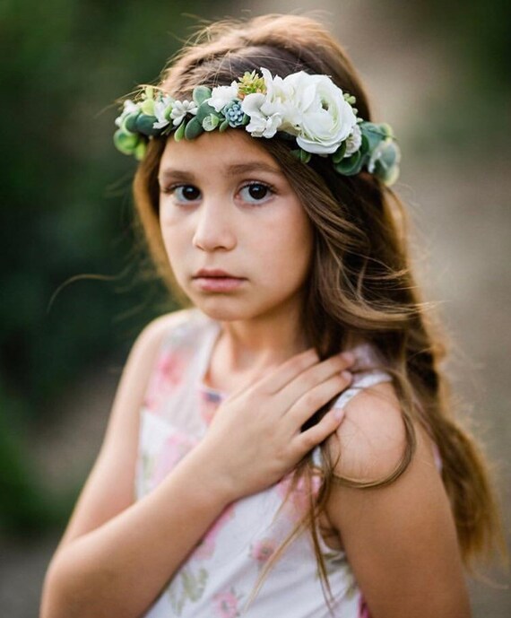 Faux flower + succulent crown photoshoot etsy Linnet Neutral Ivory Organic Succulent Baby Breath Moss  main image 2