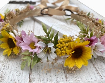 Sunflower & Pink Daisy Flower Crown - Sunflower Bridal Halo - Rustic Flower Girl Crown - Engagement Photos- Sunflower Wedding Flower Crown