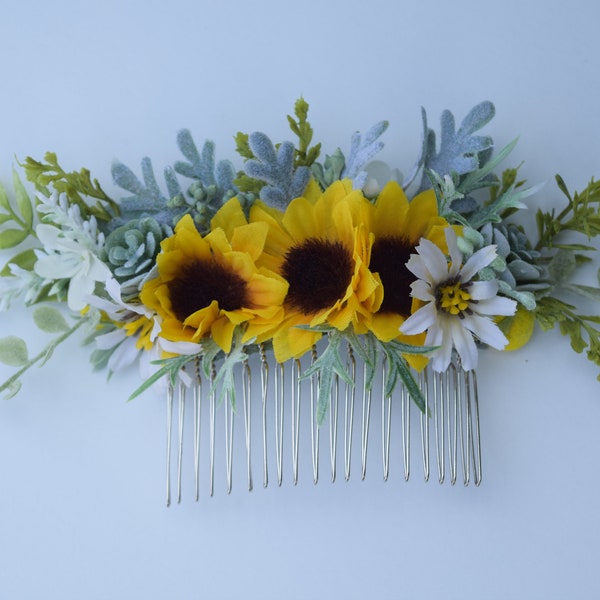 Sunflower & Succulent Hair Comb - Floral Hair Comb  - Bridal Floral Hair Comb - Succulent and Sunflower Hair Piece - Bridal Updo Hair Comb