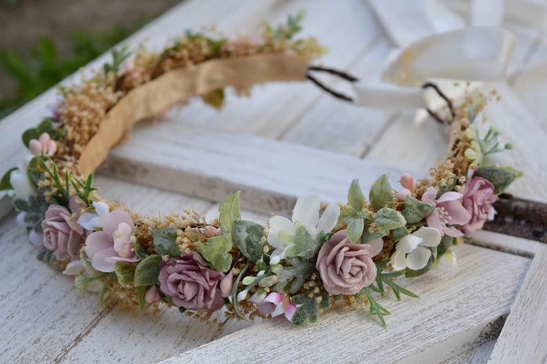 Dusty Rose Flower Crown Mauve Rose Baby Crown Photo Prop Dusty Pink Floral Halo Floral Crown Infant Photos Rose Hair Wreath image 6