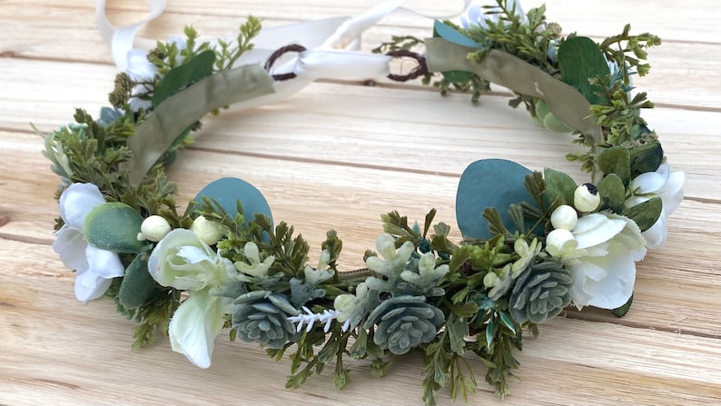 Succulent Flower Crown Pale Green/Blue/Creams Succulent and Rose Bridal Crown Succulent Halo Bridal Hair Succulent Photo Prop Crown image 5