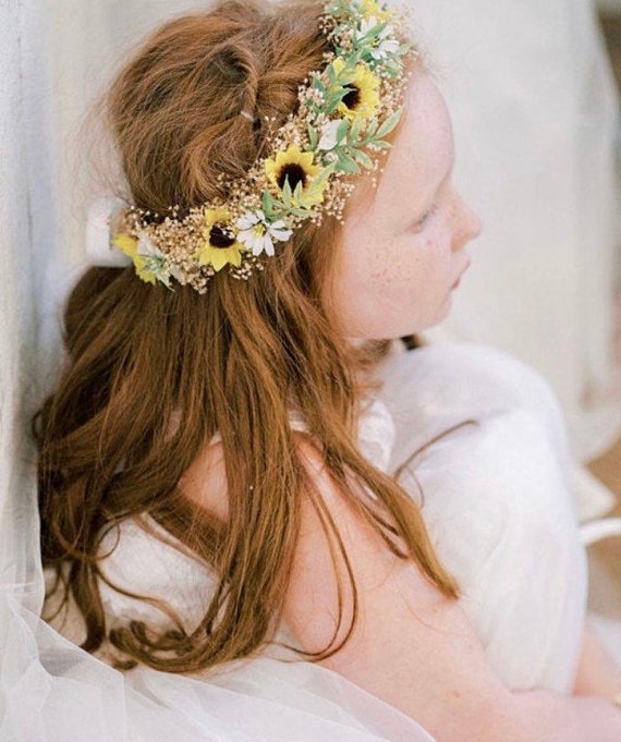 Sunflower Wedding Crown Flower Girl Headband Bridal Hair Accessory Sunflower Bridal Hair Crown: Ivory & Yellow Flower Wreath - Etsy main image 2