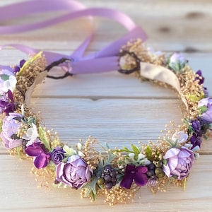 Lavender & Eggplant Flower Crown- Baby&#39;s Breath Flower Crown - Bridal Flower Crown- Lavender Wedding Halo - Photo Prop - Flower Girl Crown