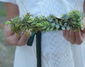 Mixed Greens Flower Crown - Greenery Floral Halo - Bridesmaid Crown - Assorted Greenery Halo - Photo Prop - Flower Girl Crown