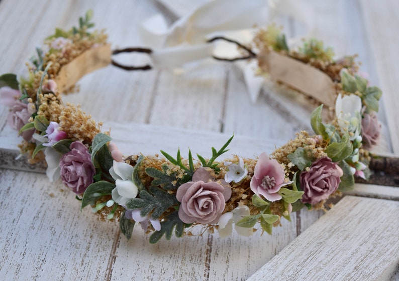 Dusty Rose Flower Crown Mauve Rose Baby Crown Photo Prop Dusty Pink Floral Halo Floral Crown Infant Photos Rose Hair Wreath image 4
