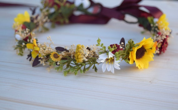 Sunflower & Burgundy Flower Crown Sunflower Halo Rustic Flower