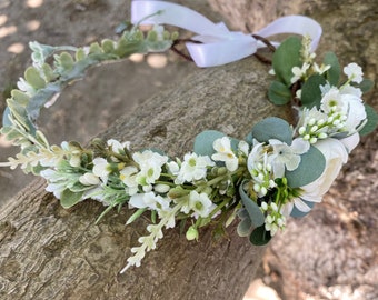 White & Ivory Flower Crown - Eucalyptus  and Ranunculus Flower Crown- Flower Girl Crown- Hair Wreath - Photo Prop