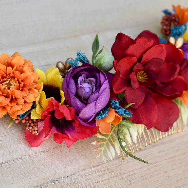 Day of the Dead Flower Comb- 10 Inches Long -Frida Kahlo Hair Piece - Mexican Festival Comb- Fiesta Headpiece - Dia de los Muertos Headpiece