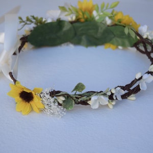 Sunflower & Ivory Flower Crown Rustic Bridal Halo Sunflower Flower Girl