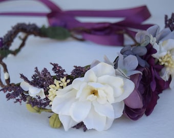 Eggplant Plum & Gray Flower Crown- Flower Girl Crown - Bridal Flower Crown- Eggplant Floral Photo Prop - Bridal Crown - Hairpiece