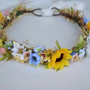 Sunflower Flower Crown: Wild Daisy Bridal Halo with Cornflower Blue