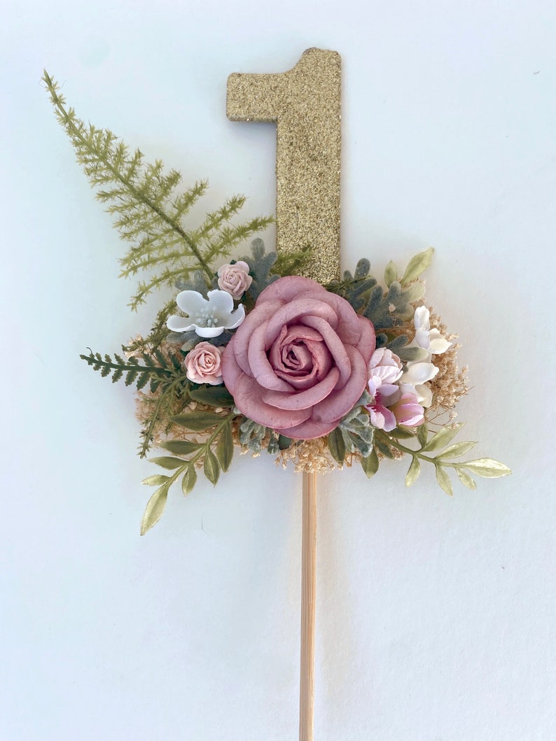 Dusty Rose Floral Cake Topper: Gold Glitter Number One - Etsy