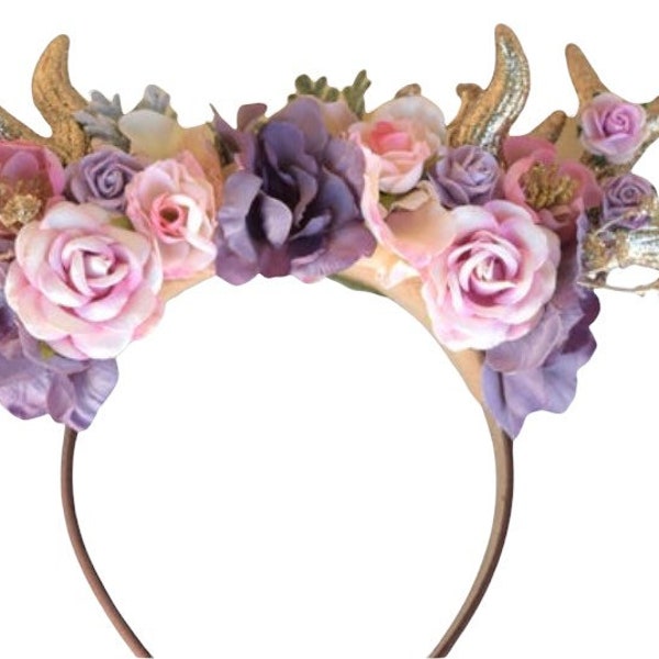 Floral Deer Antler Headband -Pink & Purple Deer Antler Headpiece - Antler Photo Prop with Flowers - Golden Deer Antler Halo
