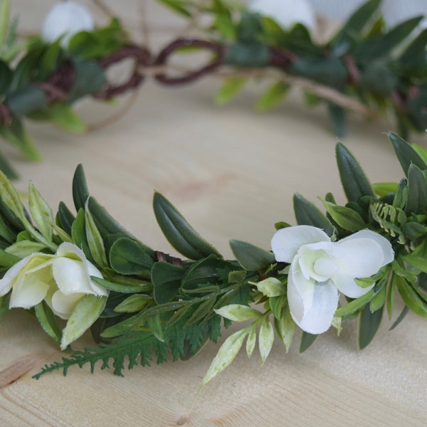 Tropical Flower Crown - Bridal Hair Wreath - Greenery Crown - Photo Prop - Flower Girl Crown - Garden Wedding - White & Green Hair Wreath