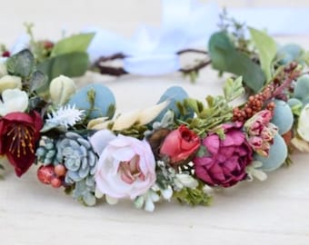 Succulent & Eucalyptus Fall Flower Crown - Burgundy Bridal Crown - Succulent Halo - Bridal Hair Piece -Photo Prop - Eucalyptus Halo